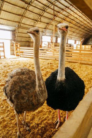 Elegant ostrich close up with its head held high, standing gracefully in a barn. Vertical photo