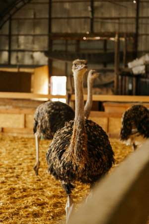 Ostrich stands tall and proud in a traditional barn setting, showing its impressive size and unique features.の写真素材
