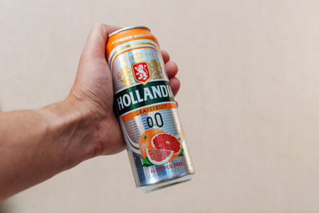 Tyumen, Russia-September 06, 2024: Non alcoholic Dutch beer can, Hollandia, Brewed in Holland, since 1758のeditorial素材