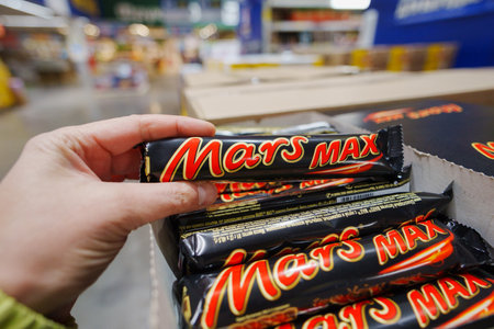Tyumen, Russia-November 02, 2024: Closeup of Mars candy chocolate bar made by Mars Inc. Selective focusのeditorial素材