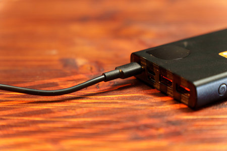 A user plugs a USB cable into a power bank on a wooden surface. The device features multiple ports