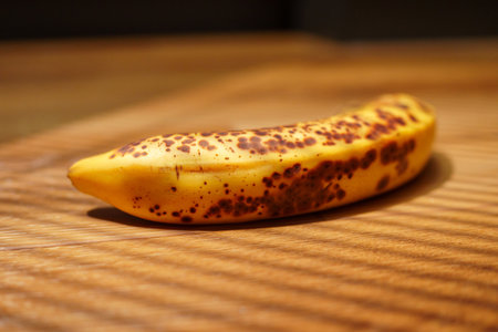 A curved banana with brown spots lies on a wooden table, casting unique shadows from the afternoon light filtering through slatsの写真素材