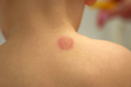 A young child has a noticeable mosquito bite on the back, sitting in a playful area filled with...