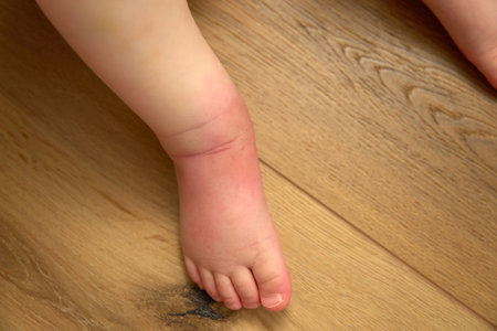 Child knee showing a red mosquito bite after playing outside on a warm summer day