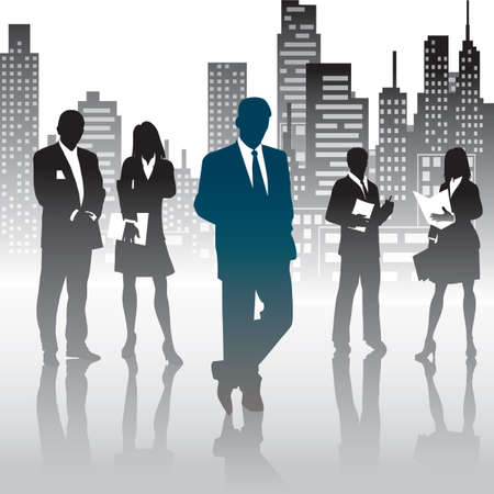 Silhouettes of business people against city backgroundのイラスト素材