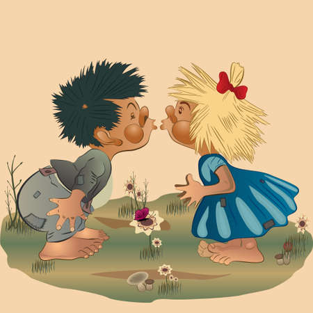 Illustration of a little boy and girl kissingのイラスト素材