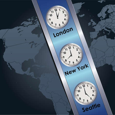 illustration of clock showing different time standing on world mapのイラスト素材