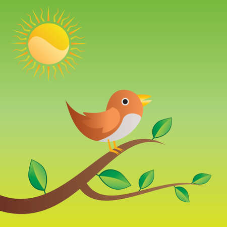 Bird sitting on a branch with sun in background.のイラスト素材