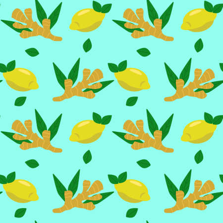 Cartoon style ginger and lemon vector seamless pattern background.のイラスト素材