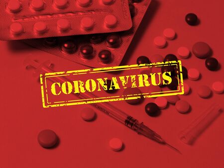 Various medical medications and pills. The concept of prevention of coronavirus. 2019-ncov. The global epidemicの写真素材