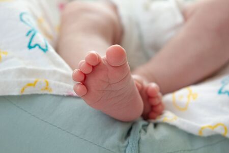little cute feet of a newborn baby on a peach plaid. Newborn photo