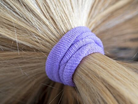 purple elastic band on her blond hair in a bunの写真素材