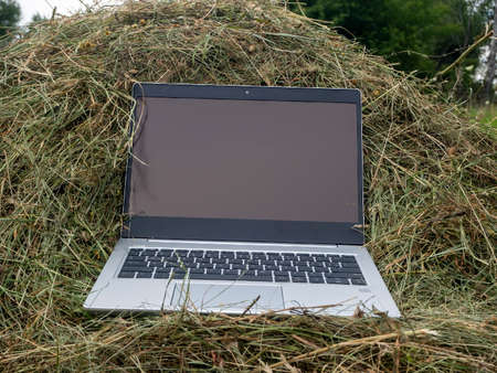 an open silver laptop is lying on a haystack. Close-up, modern technologies in rural areas. Blank...