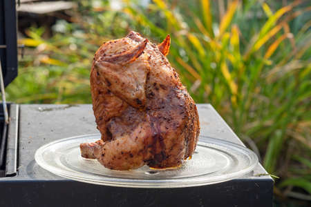 close-up of a bright juicy chicken in spices cooked on the grill entirely lying on a platter. grill...