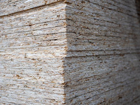 Close-up of a stack of OSB sheets. Lumber, construction, selective focus