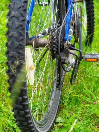 Close-up of the gears on the rear wheel of a bicycle. Green grass in the background, vertically...