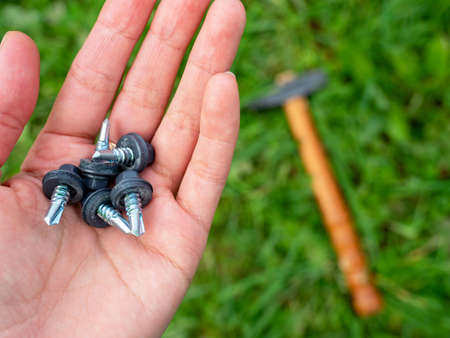 Roofing screws painted gray in a man's hand. Selective focus, blurred backgroundの写真素材
