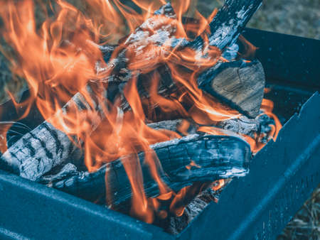 Close-up of burning logs of firewood in the grill. Background of a burning treeの写真素材