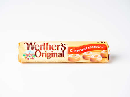 20.10.2021, Moscow, Russia. Close-up of Werthers Original classic cream candies isolated on a white...