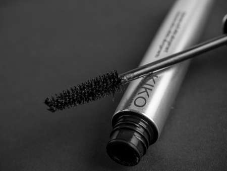 05/01/2021 Russia, Moscow. Kiko mascara on a black background. Cosmetics of a well-known company, studio shotのeditorial素材