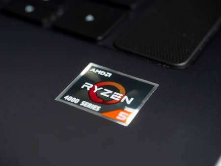 10.01.2022 Moscow, Russia. A close-up sticker on an AMD laptop indicating that it has a Ryzen processor installedのeditorial素材