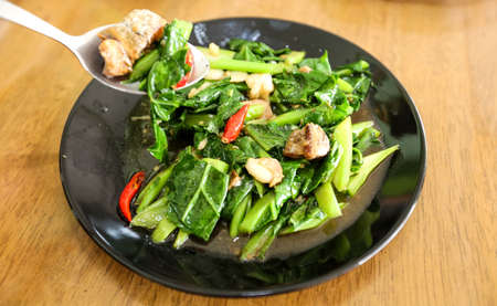 kale and salted fish fried whit oyster, Thai Foodsの写真素材