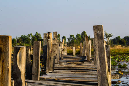 Kae Dam Wooden Bridge, Mahasarakham. Thailandの写真素材