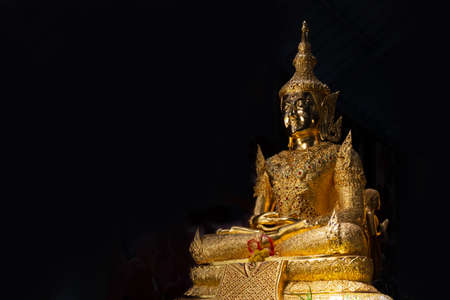 gold buddha statue on back blackground. copy space
