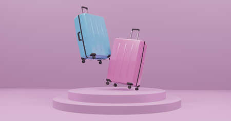 3D illustration of Luggage on pink pastels background.