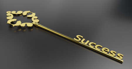 Golden key to success isolated on white background. 3d render illustration on black background.