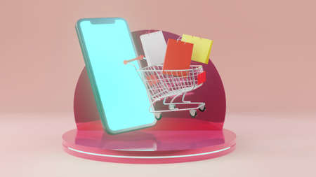 3d  illustration shopping online., smart phone, cart, bag