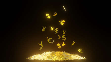 Falling gold olden currency symbols in slow motion on black isolated background. 3d illustrationの写真素材