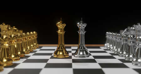 3D rendering gold and silver chess., contradiction concept.