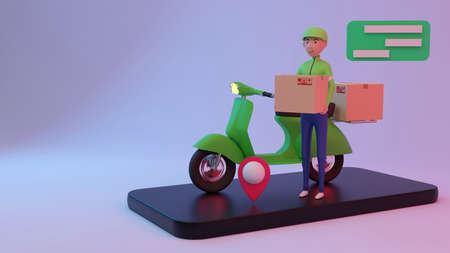 Cute Delivery staff Take the parcel. 3D rendering. 3D Character.の写真素材