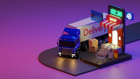 3d rendering Mobile Application, Shopping Online on mocile at  night., shopping All time concept.の写真素材