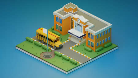 3d render isometric., Scene Creator School and School bus., 3d illustration.の写真素材