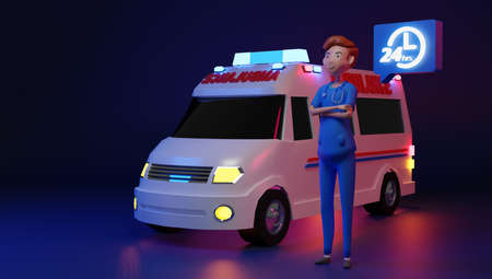 Cute Emergency doctor Character and Ambulance Always ready.,の写真素材