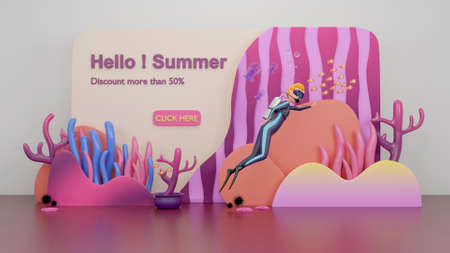 Summer sale banner with 3d Men Diving Underwater background.-3d rendering.