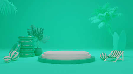 3d rendering Green theme box podium palm leaves with summer background.
