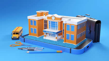 Learn online concept., school on smart phone., 3d illustration.の写真素材