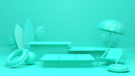 3d rendering Green theme box podium palm leaves with summer background.