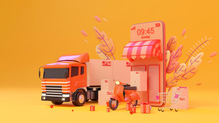 E-commerce concept on Autumn, Shopping online and delivery service on mobile application., 3d rendering.の写真素材