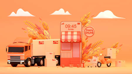 E-commerce concept on Autumn, Shopping online and delivery service on mobile application., 3d rendering.の写真素材
