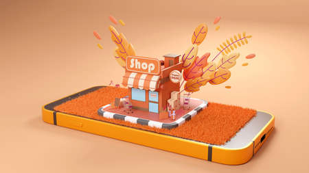 Autumn display on website background. 3d render.の写真素材