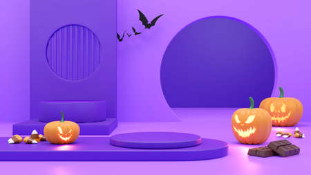 Pedestal podium on orange background. , Halloween product promotion. Abstract spooky 3D rendering.の写真素材