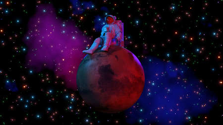 Astronaut sitting on mars and space background. 3d rendering.