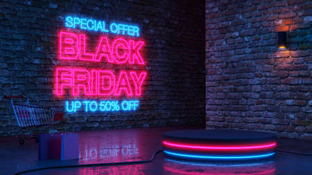 Black friday Neon light glow podium on brick wall background. 3d rendering