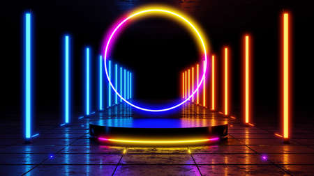 Blank product stand with neon lights on sifi landscape. 3d rendering.の写真素材