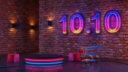10.10 Neon light glow podium on brick wall background. 3d renderingの写真素材