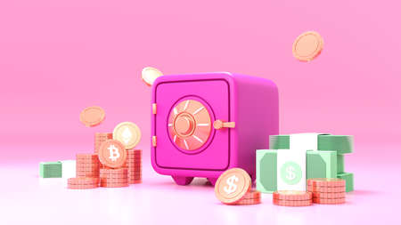 pink Safe box with bitcoin cryptocurrency coins and stacks of dollar cash font view on pink background. 3d renderの写真素材